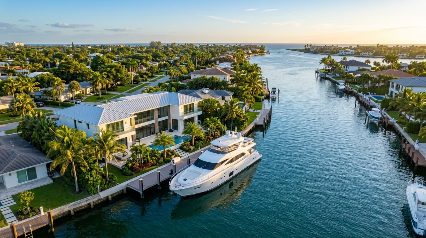 Fort Lauderdale waterfront property and yacht along the Intracoastal at dusk