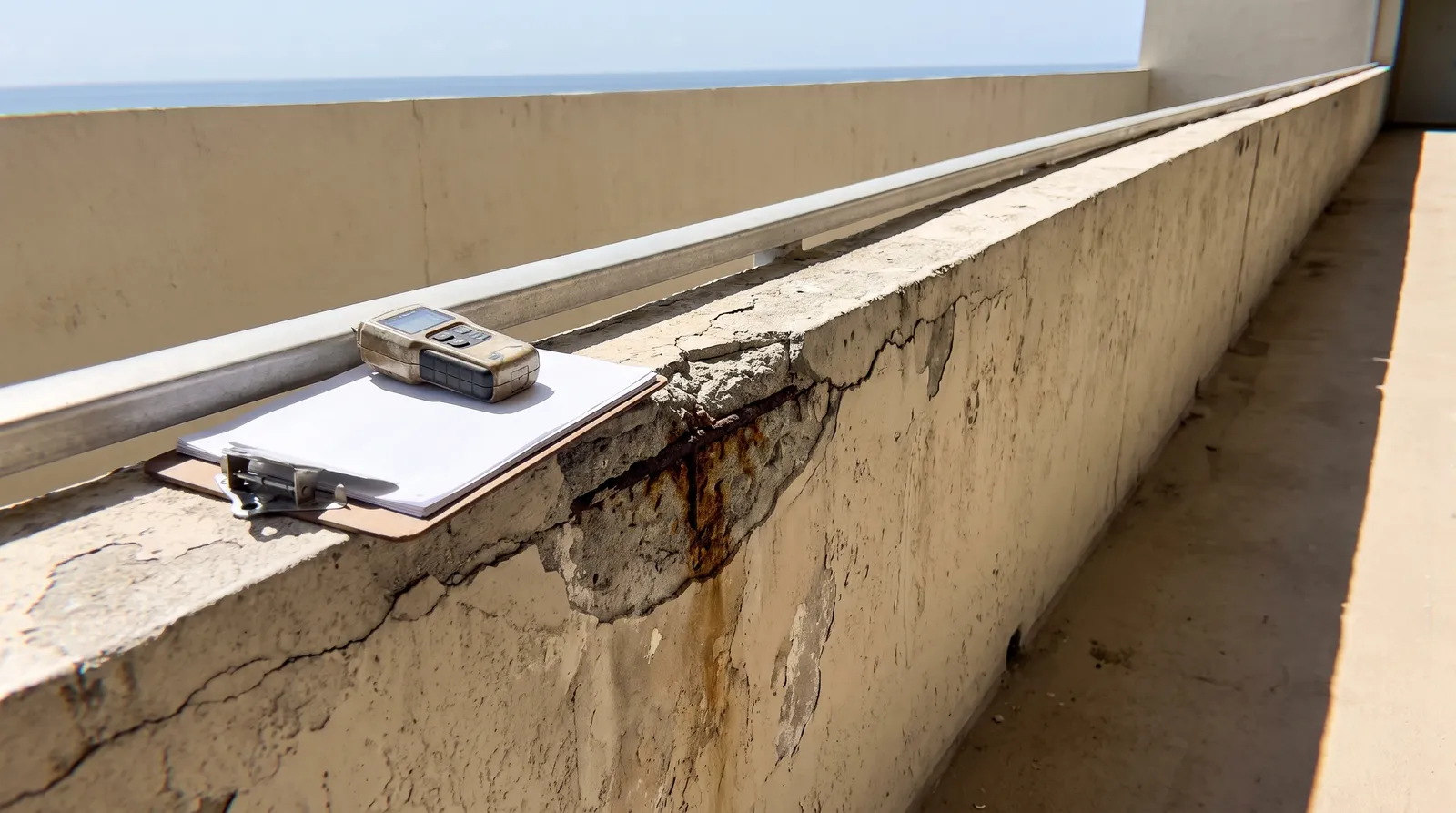 Cracked concrete balcony wall edge with a rusting exposed steel bar, a blank clipboard and a handheld moisture meter resting on the railing.
