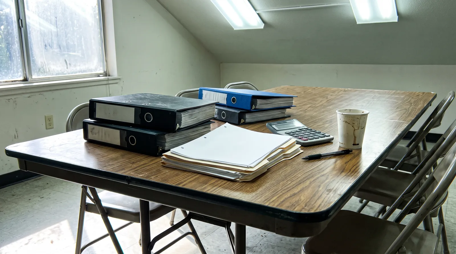 Condo association clubroom table with stacked binders, folders of blank papers, a calculator and a coffee cup beside empty folding chairs.