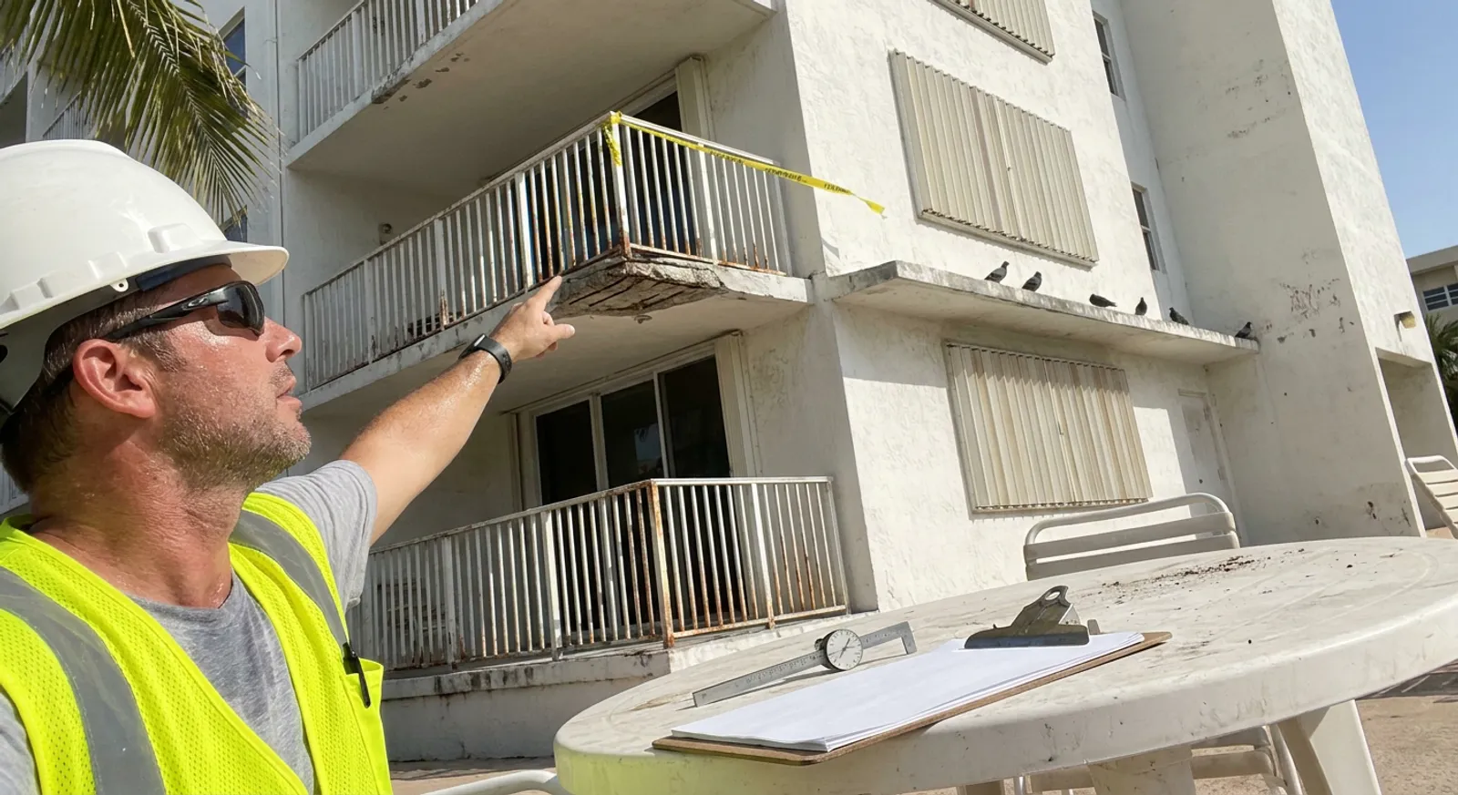 An inspector in a hard hat points toward spalling concrete on a condominium balcony during an exterior structural assessment.