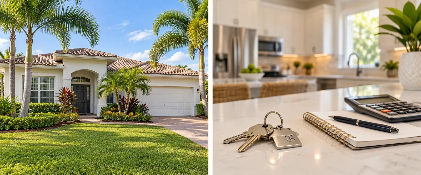 Illustrative South Florida home beside house keys, a notebook and calculator in a bright kitchen