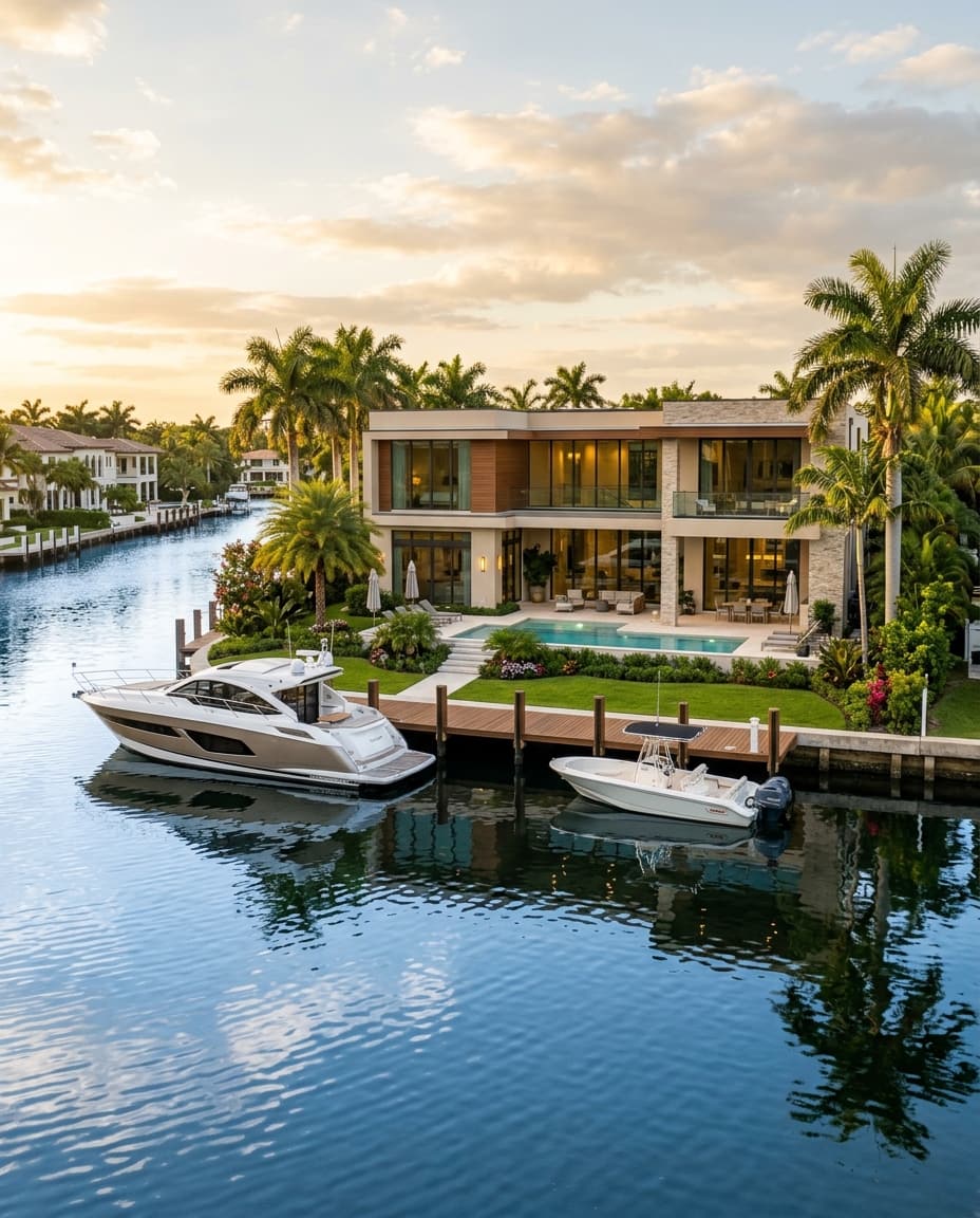 Drone photograph of a canal-front estate at golden hour with a private dock in Rio Vista, Fort Lauderdale