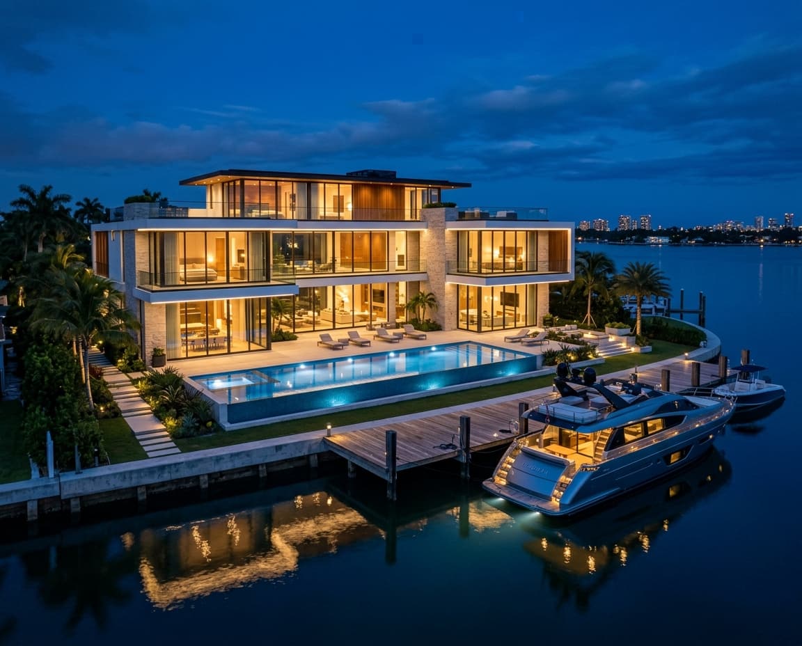 Twilight Fort Lauderdale waterfront estate with a private dock